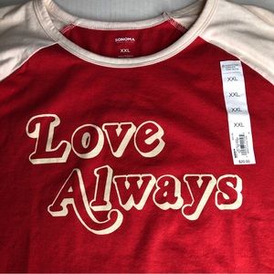 Sonoma Love Always Women’s Size XXL Raglan T-shirt Baseball Valentine’s Day NWT